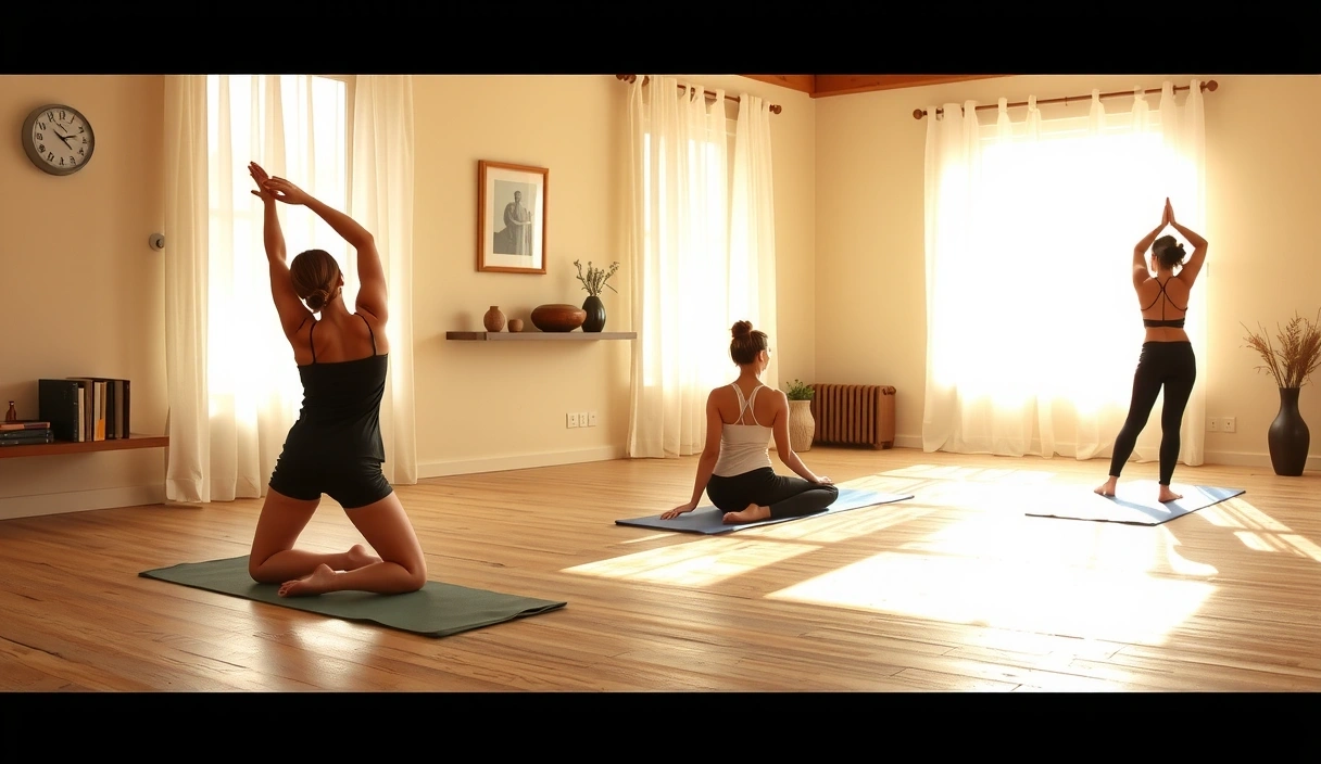 A serene yoga studio with soft lighting and a few practitioners in gentle poses.