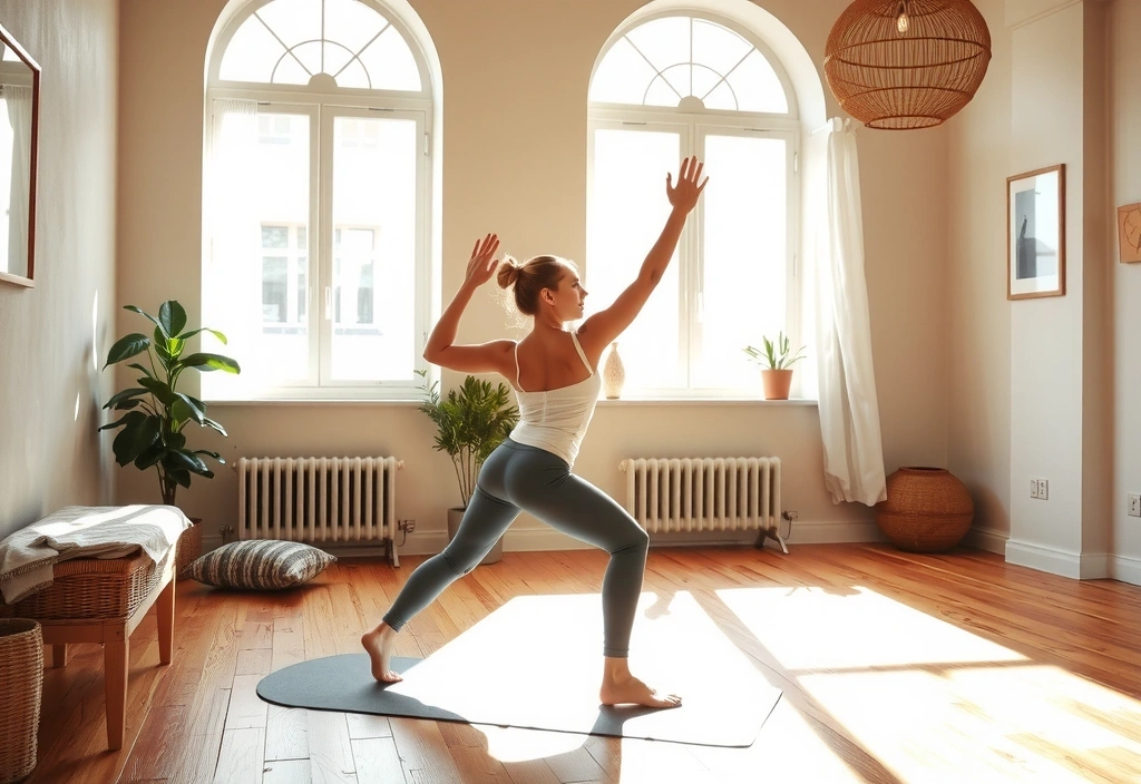 A sunlit studio with a person performing a gentle morning yoga flow, emphasizing energy and awakening