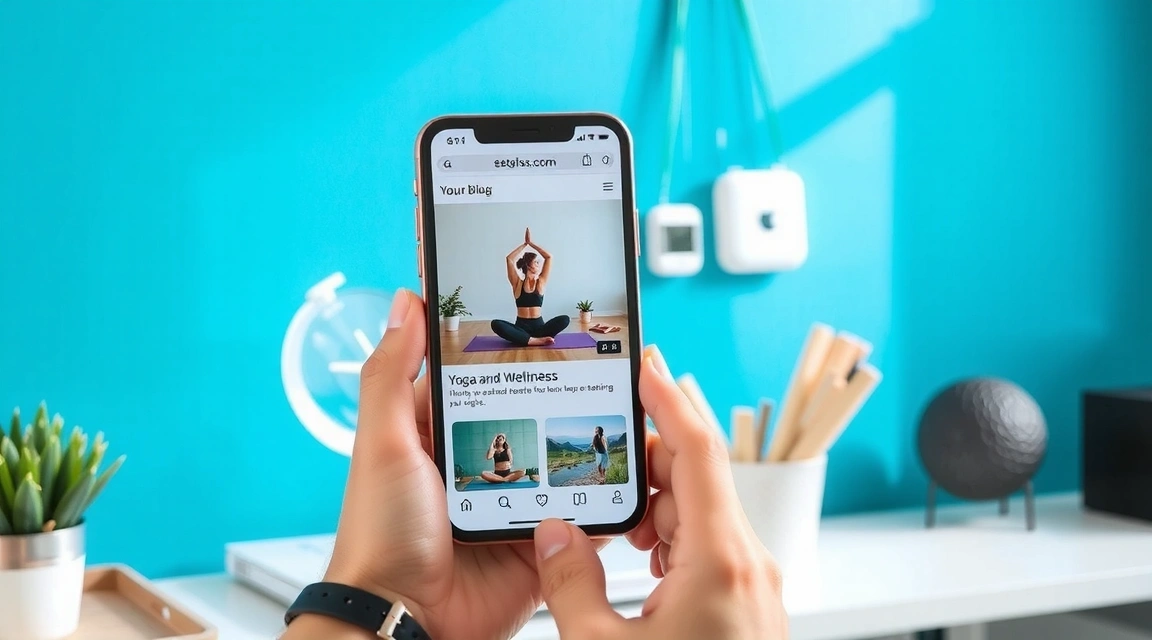 A person holding a smartphone, scrolling through a beautiful, inspiring blog feed with yoga and wellness content
