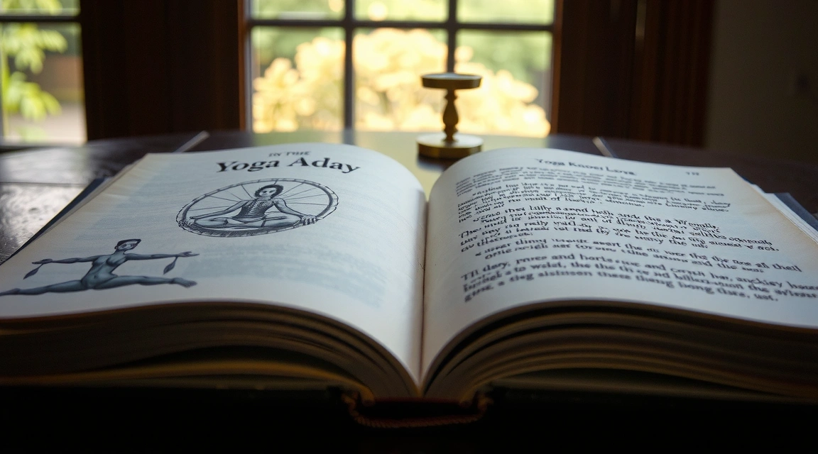 An open book with an intricate illustration of yoga poses and spiritual symbols, suggesting deep knowledge and wisdom