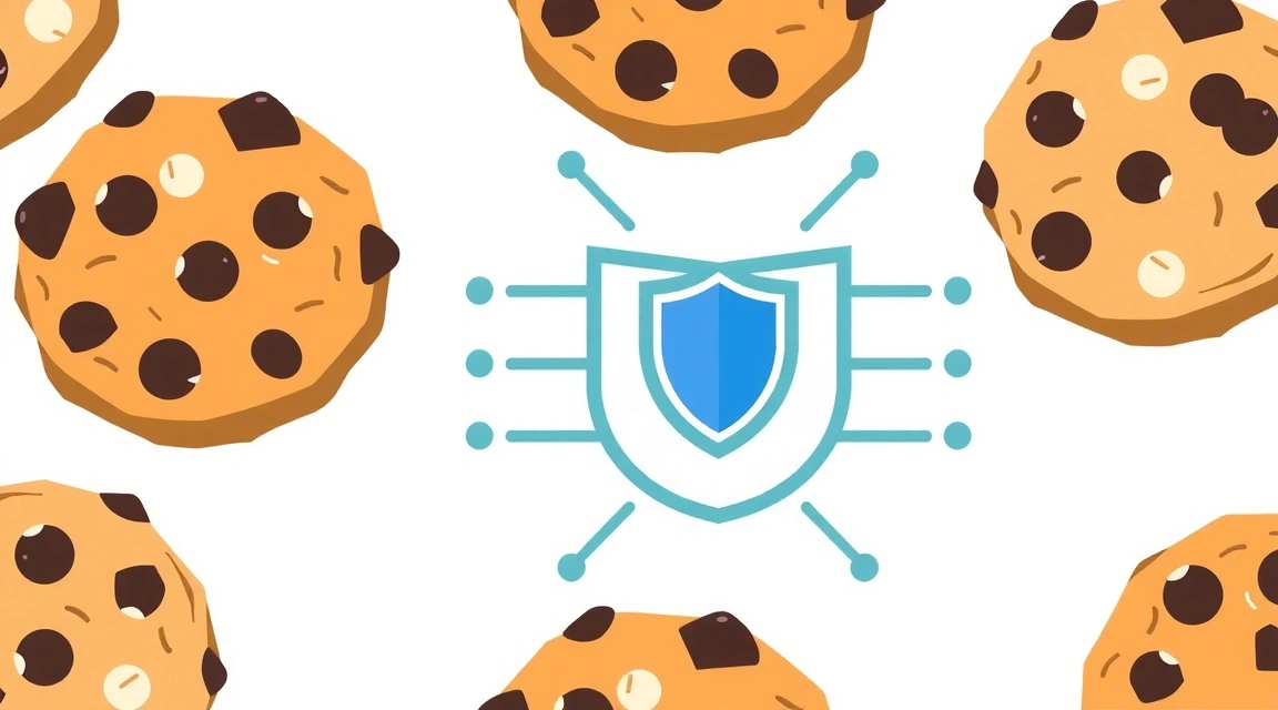 Illustration of various cookies with privacy shield icon