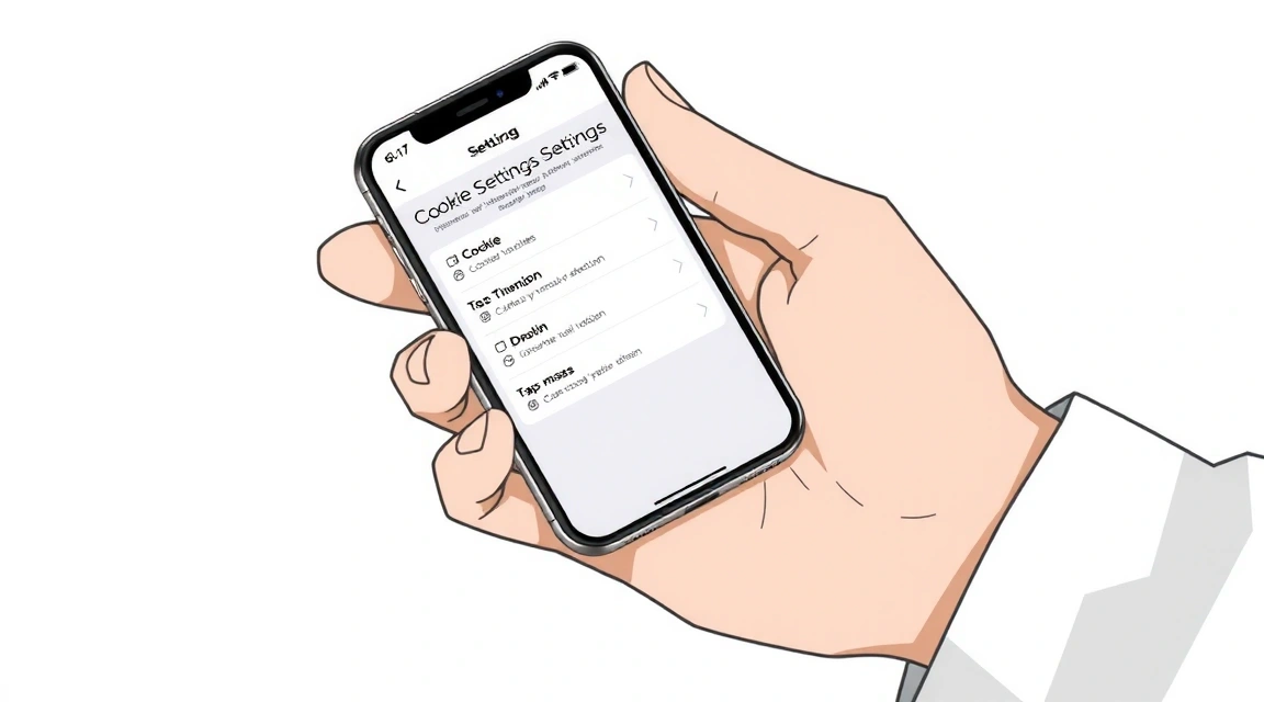 Illustration of a hand holding a smartphone with cookie settings on screen