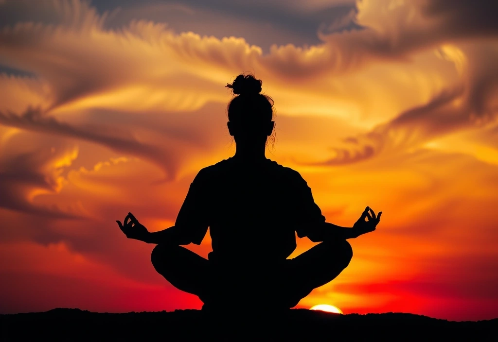 Meditating person silhouetted against a vibrant sunset sky, symbolizing tranquility and new beginnings