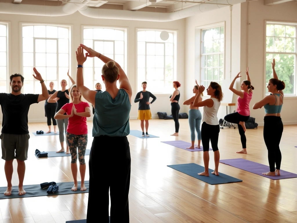 Yoga instructor guiding a class in a bright, spacious studio, emphasizing community and support