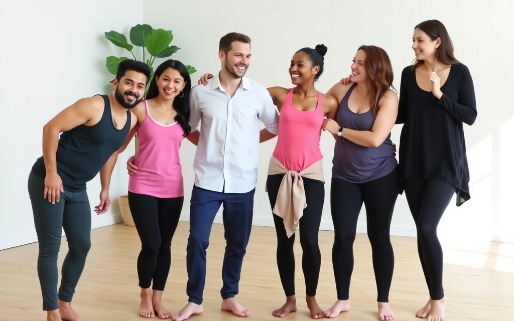 Group of diverse yoga instructors smiling and interacting in a sunny studio