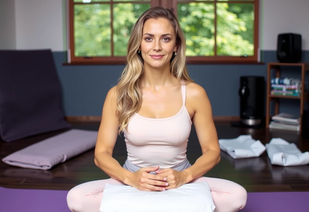 Instructor Elena Petrova in a meditative restorative yoga pose