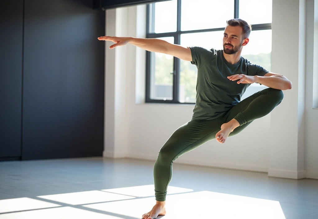 Instructor David Miller performing a dynamic yoga pose