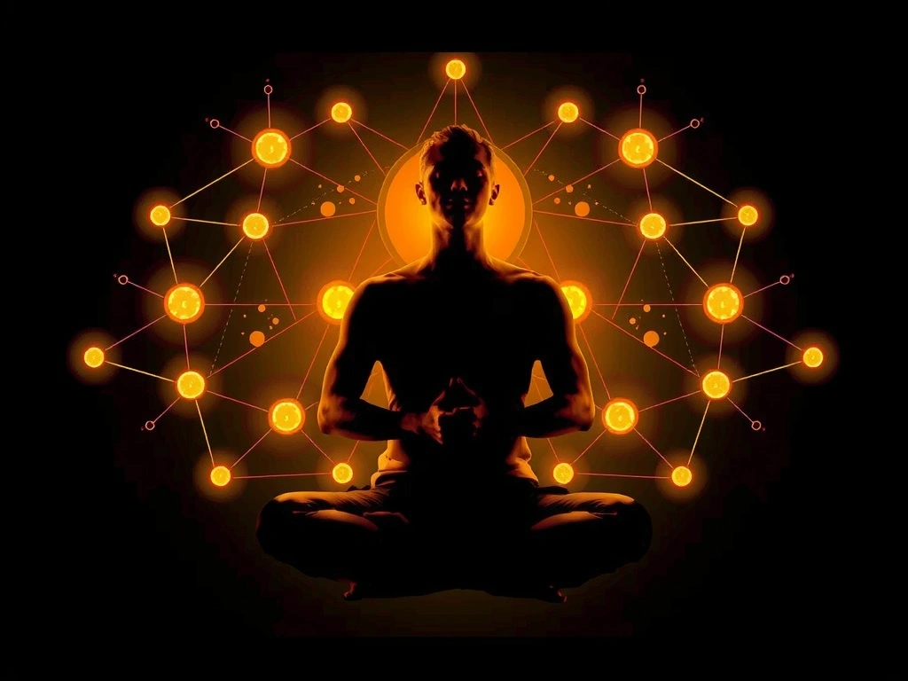 A person meditating peacefully with light glowing around them, representing data privacy and protection.